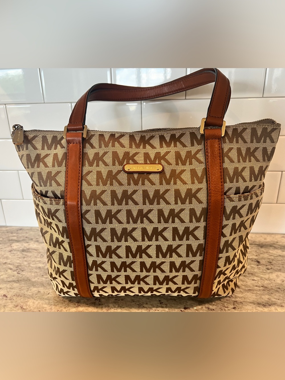 Michael Kors Jet Set MK Signature Canvas Tote, 38T6CTTT3J, LG, Tan/Brown/Brown